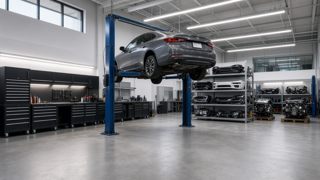 Parts professionals reviewing used auto parts in a workshop