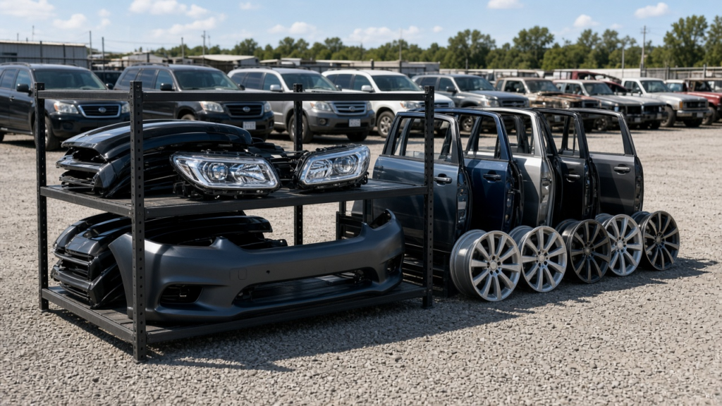 Modern used auto parts rack in a clean facility