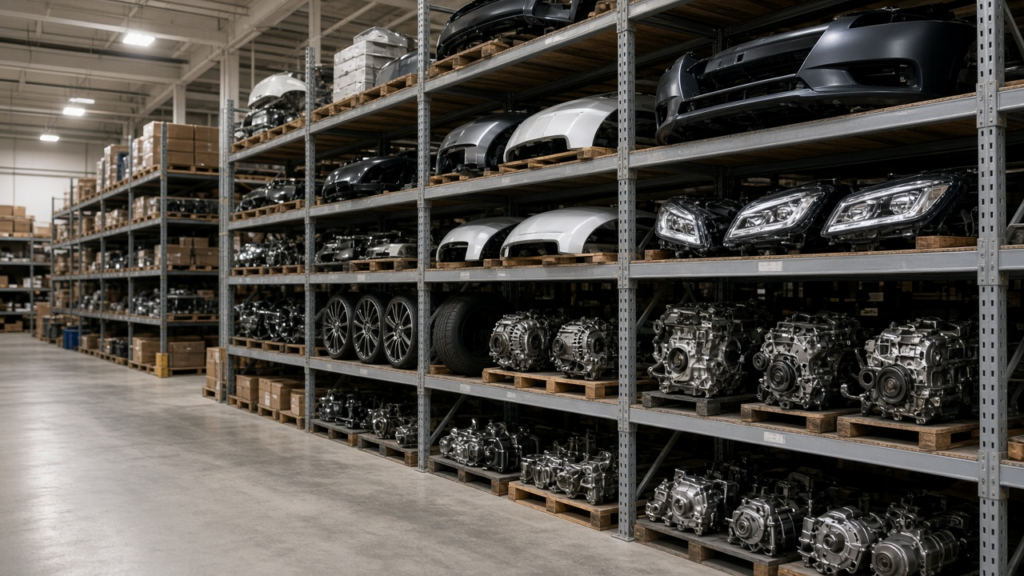 Organized used auto parts inventory on shelves